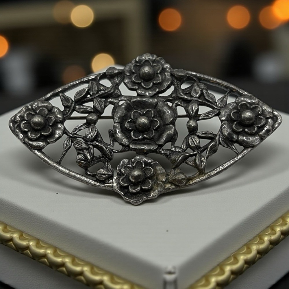 Vintage Floral Brooch Pin Pot Metal Open Work Large Art Deco Big Statement 3+ in